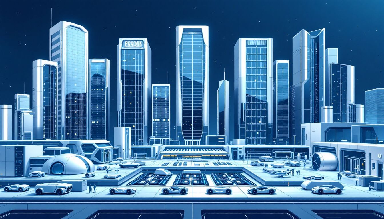 An illustration depicting various types of fixed assets including machinery and buildings.