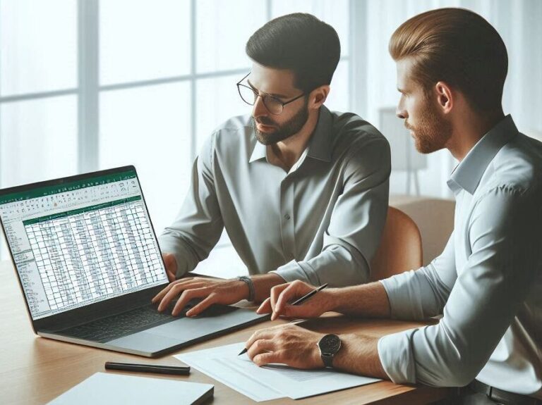 Create a highly realistic image of two men working together on a laptop at a modern desk. The laptop